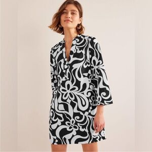 Boden black white printed notch neck mini shift dress 3/4 length sleeves 6 long